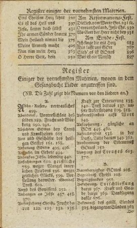 Register Einiger der vorhnehmsten Materien, wovon in dem Gesangbuche Lieder anzutreffen sind.