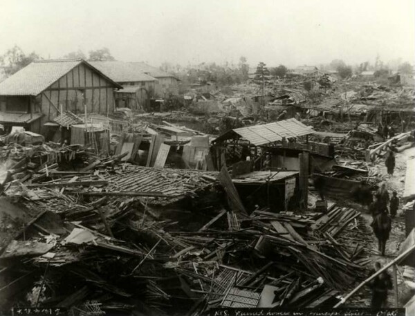 Destroyed houses after the earthquake in Osaka on 28 October 1891