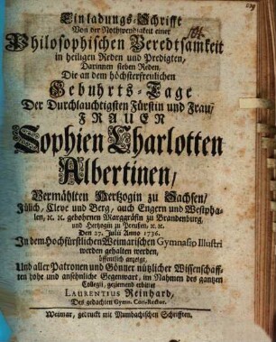 Einladungs-Schrifft von der Nothwendigkeit einer philos. Beredtsamkeit in heiligen Reden und Predigten