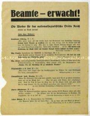 Flugblatt der Deutschen Staatspartei gegen die NSDAP und Aufruf an Beamte zum Beitritt