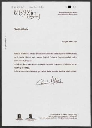 Empfehlungsschreiben für die Bratschistin Danusha Waskiewicz