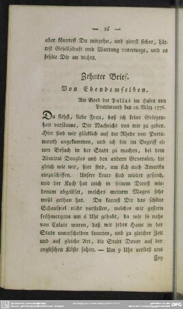 Zehnter Brief. Von Ebendemselben : Am Bord der Pallas im Hafen von Portsmouth den 28. März 1776