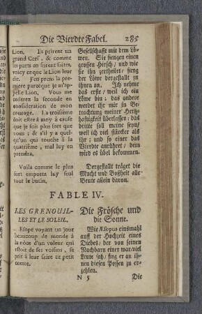 Fable IV. Les grenouilles et le soleil. Die Frösche und die Sonne.