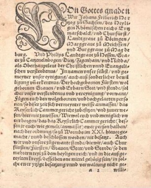 Von Gottes gnaden Wir Johans Friderich Hertzog zu Sachsen, ...