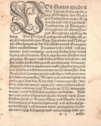 Von Gottes gnaden Wir Johans Friderich Hertzog zu Sachsen, ...