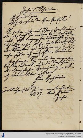 Brief von Vincenz Zahn an Franz Karl Grieshaber (26.01.1837)
