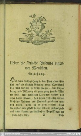 Ueber die sittliche Bildung einzelner Menschen : Erziehung