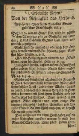 VI. Erbauliche Reden, Von der Reinigkeit des Hertzens.