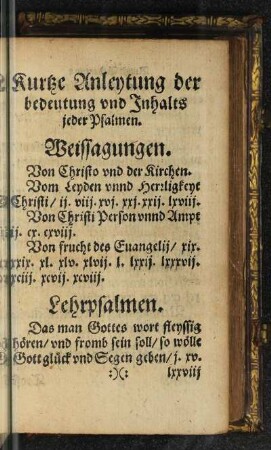 Kurtze Anleytung der bedeutung vnd Inhalts jeder psalmen.
