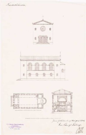 Nazarethkirche (1835), Berlin-Wedding Umbau: Grundriss, Ansichten, Schnitt
