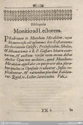 Bibliopolae Monitio ad Lectorem.