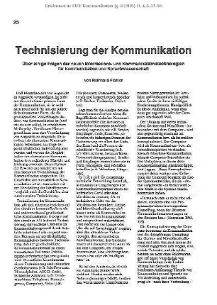 Technisierung der Kommunikation. Über einige Folgen der neuen Informations  und Kommunikationstechnologien für Kommunikation und Sprachwissenschaft