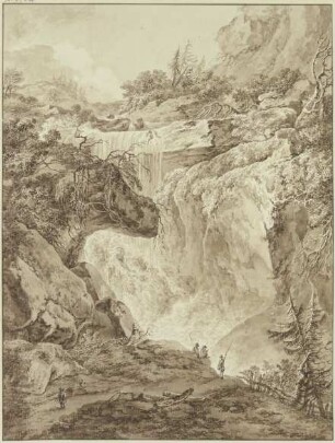 Wasserfall in einer Gebirgsschlucht, im Vordergrund vier Angler