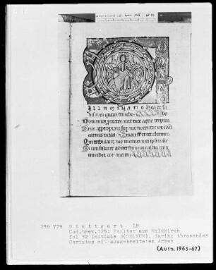 Psalter aus Waldkirch bei Freiburg — Initiale D (ominum), darin ein thronender Christus, Folio 32recto