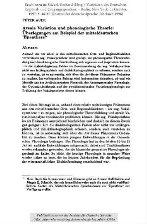 Areale Variation und phonologische Theorie: Überlegungen am Beispiel der mitteldeutschen Epenthese