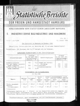 Die Industrie in Hamburg im Oktober 1963 : Lfd. Nr. 1