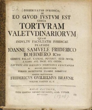 Dissertatio Ivridica, De Eo Qvod Ivstvm Est Circa Tortvram Valetvdinariorvm