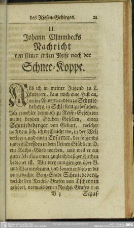 II. Johann Climmbecks Nachricht von seiner ersten Reise nach der Schnee-Koppe