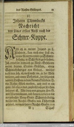II. Johann Climmbecks Nachricht von seiner ersten Reise nach der Schnee-Koppe