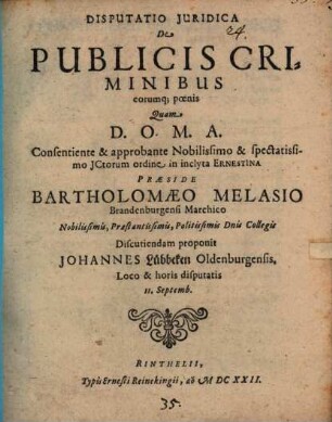 Disp. iur. de publicis criminibus eorumque poenis