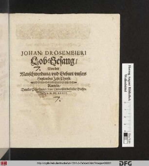 Johan: Drösemeieri LobGesang/ Von der Menschwerdung und Geburt unsers Heylandes Jesu Christi