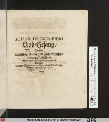 Johan: Drösemeieri LobGesang/ Von der Menschwerdung und Geburt unsers Heylandes Jesu Christi