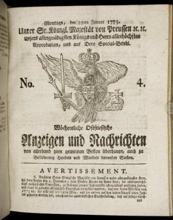 No. 4. Montags, den 25ten Januar 1773.
