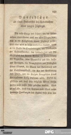 Vorschläge an einen Hofmeister bey Uebernahme eines jungen Zöglings.