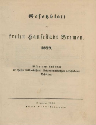 1849/50: Gesetzblatt der Freien Hansestadt Bremen