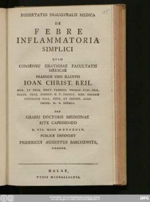 Dissertatio Inaugvralis Medica De Febre Inflammatoria Simplici