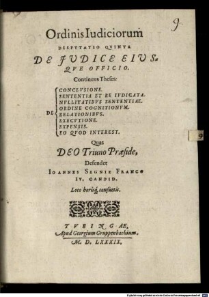 Ordinis iudiciorum disp. V., de iudice, eiusque officio