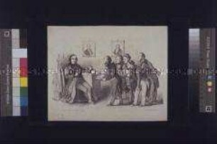 Karikatur der Revolution 1848/1849 auf den sächsischen Kultusminister von der Pfordten mit Überreichung einer Zipfelmütze