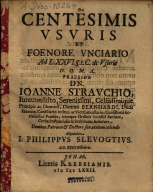 De Centesimis Vsvris Et Foenore Vnciario
