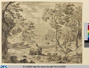 Italienische Ideallandschaft mit Fluß und Stadt im Hintergrund