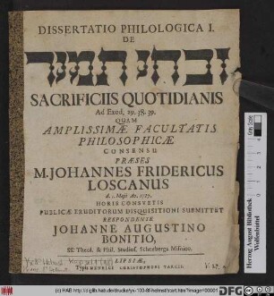 Dissertatio Philologica I. De Ziv.hê tamîd Sacrificiis Quotidianis Ad Exod. 29. 38. 39.