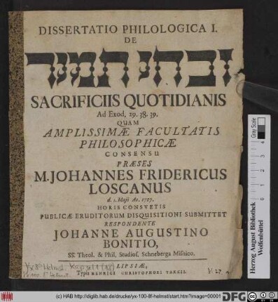 Dissertatio Philologica I. De Ziv.hê tamîd Sacrificiis Quotidianis Ad Exod. 29. 38. 39.