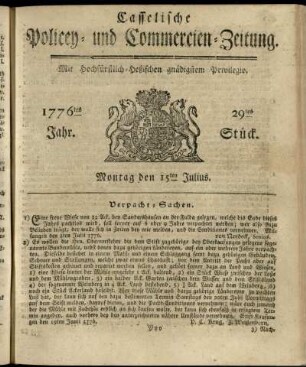 29tes Stueck, Montag den 15ten Julius 1776