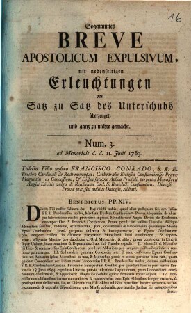Sogenanntes Breve Apostolicum Expulsivum : mit nebenseitigen Erleuchtungen von Satz zu Satz des Unterschubs überzeuget, und ganz zu nichte gemacht