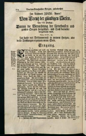 214-240, Die VIII. Predigt, Darinn die Betrachtung der fürnehmsten und grösten Sorgen fortgesetzet, und Trost darwider beygebracht wird.