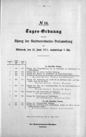 Tages-Ordnung No. 14 (199-209), 21. Juni 1911