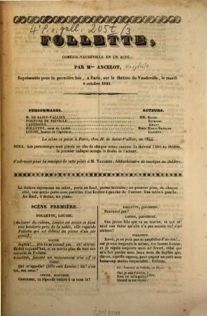 Follette, Comédie-vaudeville en un acte : Par Mme Ancelot, Représentée pour la première fois à Paris, sur le théâtre du Vaudeville le 8 Octobre 1844
