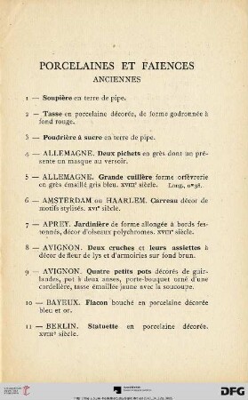 Porcelaines Et Faiences (Nr. 1-82)