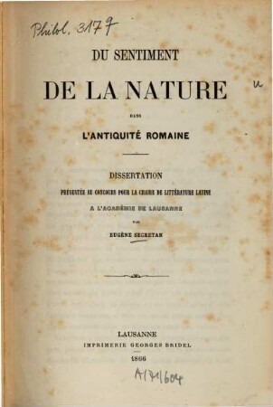 Du sentiment de la nature dans l'antiquité romaine