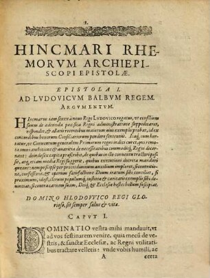 Hincmari Rhemensis Archiepiscopi ... Epistolae