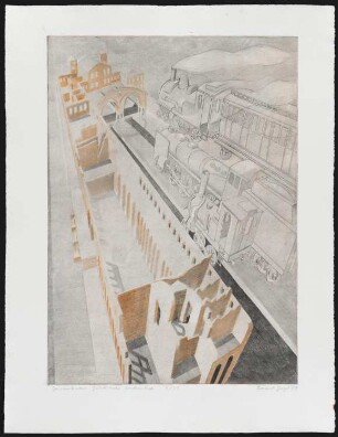 Radierung des Künstlers Erhard Groß, Titel: Geisterbahn Görlitzer Bahnhof, Ed. 4/30, 1989