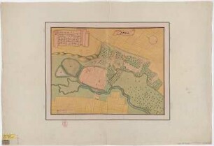 Grundriss von Borna, Handzeichnung, um 1680 : Borna : [Grundriss]. - [S.l.] , [um 1680?]. - 1 Kt. : kolor. Handzeichng. ; 41 x 32 cm