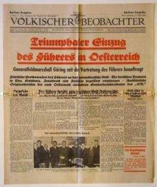 Tageszeitung "Völkischer Beobachter" zum "Anschluss" Österreichs und zur Ankunft Hitlers in Wien