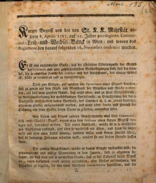 Kurzer Begriff von der von Sr. K. K. Majestät unterm 6. Aprilis 1787. auf 25. Jahre privilegirten Commerzial- Leih- und Wechsel-Banck in Wien, und wovon das Reglement den darauf folgenden 16. November confirmirt worden