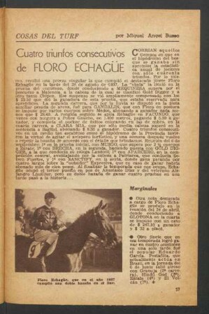 Cuatro triunfos consecutivos de Floro Echagüe : Cosas del turf
