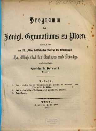 Programm des Königlichen Gymnasiums zu Ploen : Ostern ..., 1874/75
